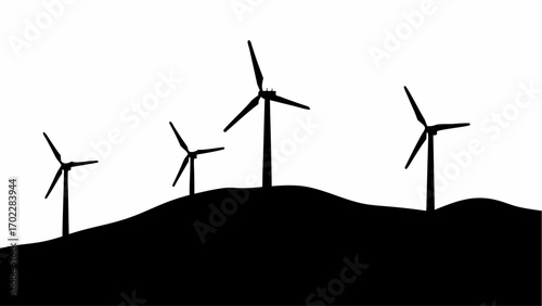 Silhouette of wind turbines on a hill against a white background providing renewable energy source view