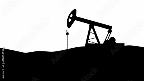 Silhouette of an oil pump jack extracting resources from the ground against a white background landscape view