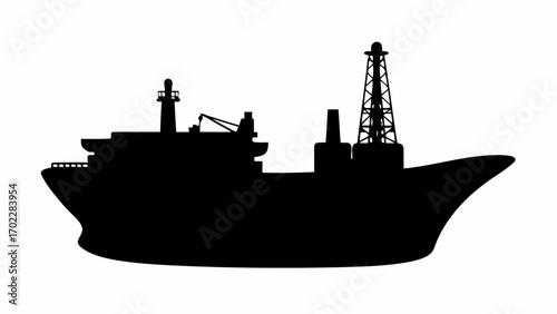 Silhouette of a large industrial vessel with a drilling rig and crane against a white background view