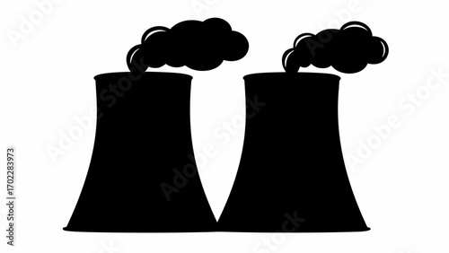Illustration of two cooling towers emitting dark smoke against a white background in a simple style