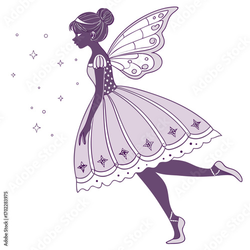 Enchanting lavender fairy dress design with delicate wings perfect for whimsical themes and magical illustrations