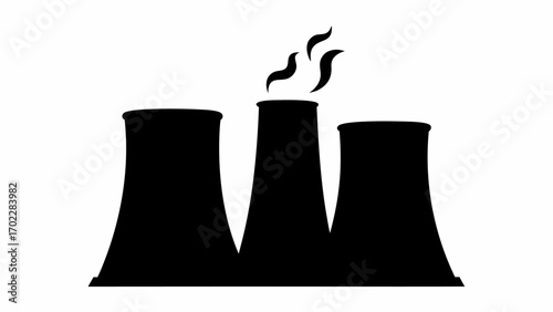 Silhouette of a nuclear power plant with three towers and smoke emitting from the central tower design
