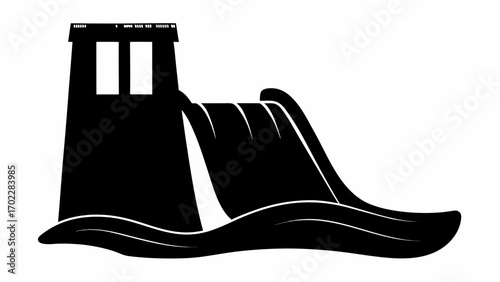 Silhouette of a dam with water flowing over it into a body of water with visible waves and tower structure