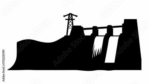 Silhouette illustration of a dam with water flowing and a power tower on a white background view