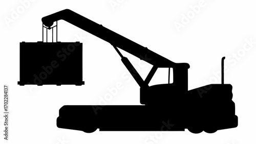 Silhouette of a crane truck lifting a container box with a boom arm in a black and white design