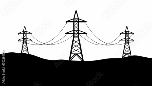 Silhouette of three power line towers with cables spanning across a dark landscape against white background