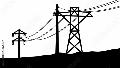 Silhouette of two power line towers with multiple cables against a white background and dark ground area