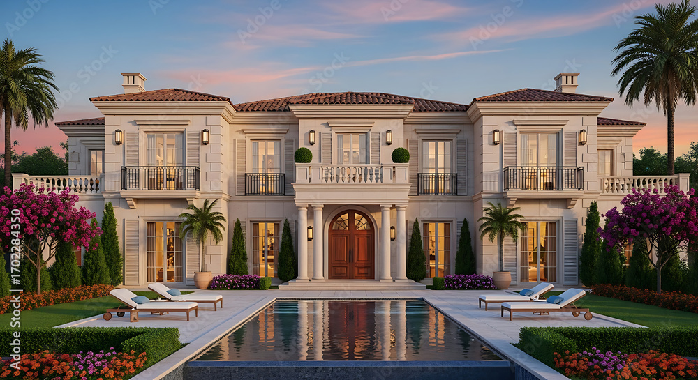 Obraz premium Luxurious Mediterranean Villa with Pool at Sunset