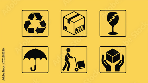 Black shipping symbols on yellow background icons