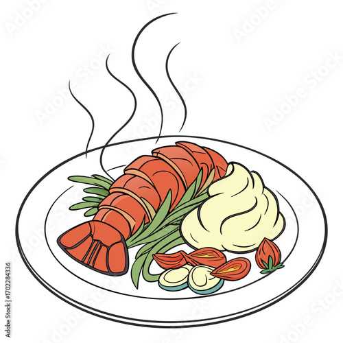 Gourmet lobster tail with creamy mashed potatoes and grilled vegetables presented as a delicious food illustration