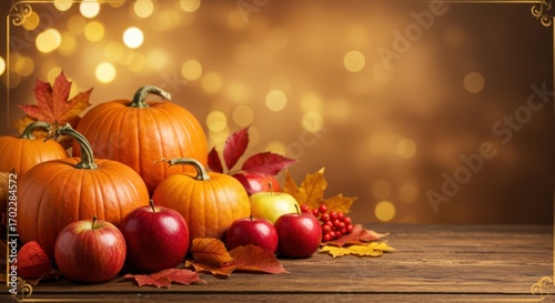 Horizontal Thanksgiving Day banner with bright glowing bokeh and ripe autumn harvest — pumpkins, apples, and fall leaves. Festive background for Happy Thanksgiving with copy space, free space for text