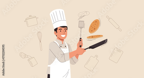 Happy Chef Skillfully Flips Pancakes Demonstrating Culinary Expertise For Cooking.