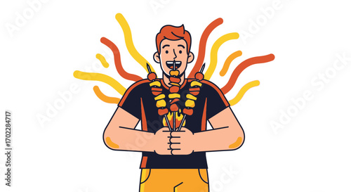 Illustration of a man enjoying skewers with a smiling expression and vibrant flair