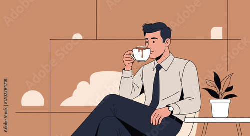 Illustration of a Man Enjoying Coffee Break in a Calm and Relaxing Environment