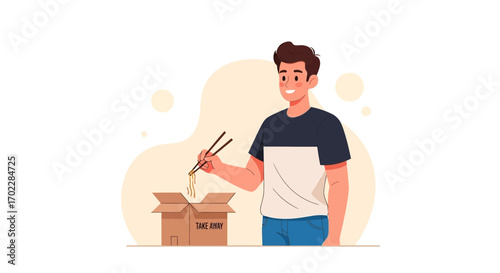 Illustration of a Man Enjoying Noodles from a Takeaway Box Using Chopsticks