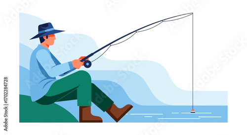 Illustration of a Man Fishing by the Lake with a Fishing Rod and a Hat