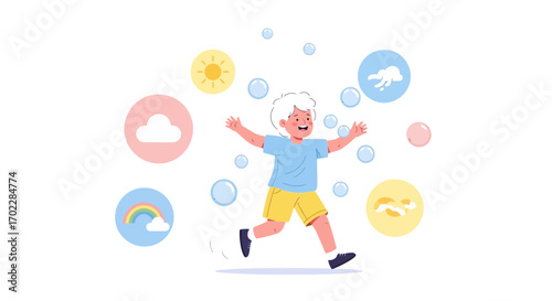 Happy Child Running And Playing In The Sun With Weather Icons Around Him