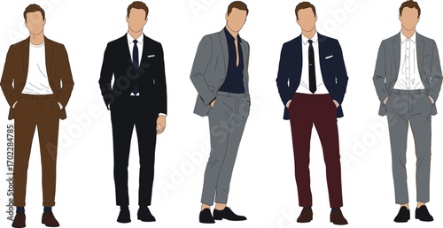 Five faceless men in modern stylish suits, standing casually with hands in pockets, fashion illustration, formal and semi-formal attire.