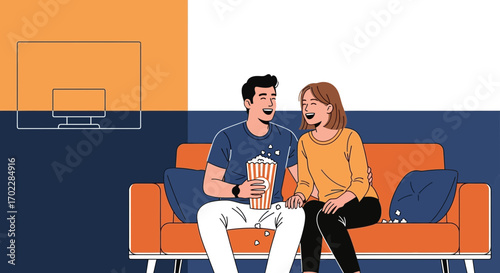 Happy Couple Enjoying Movie Night Together At Home With Popcorn and Television