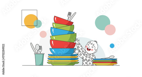 Happy child with plates and bowls, playing and having fun with colorful tableware design