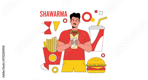 Illustration of a man holding a shawarma with fast food elements around him and design