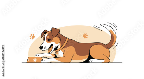 Happy Dog Anticipates Mealtime, Bouncing Tail, Anticipation Of The Dog Ready To Eat, Vector.