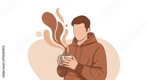 Illustration of a man holding a cup of coffee with steam, cozy and comfortable