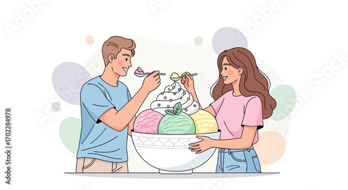 Happy couple sharing ice cream sundae, sweet treats, vector illustration