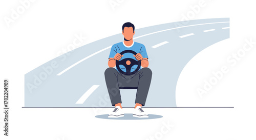 Illustration of a man holding a steering wheel on a road, driving concept.