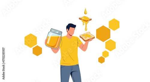 Illustration of a man holding toasted bread and honey jar food concept
