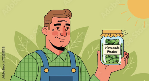 Happy Farmer Presenting Homemade Pickles Ready For Summer With A Sunny Background
