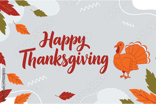 Festive thanksgiving greeting card featuring a turkey and autumn leaves isolated on white background, perfect for seasonal celebrations and decorations vector illustration
