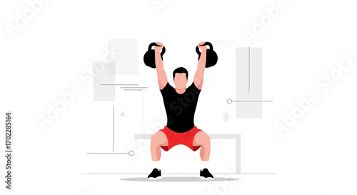 Illustration of a man in a squat position lifting kettlebells for a workout session or exercise