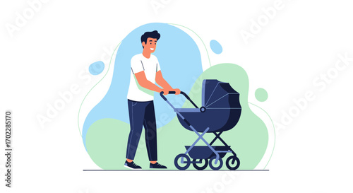 Happy Father Pushing Stroller, Family Focused Vector Illustration, Parental Love Concept