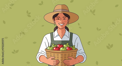 Happy Female Farmer Presenting Apples in a Wicker Basket on Green Background