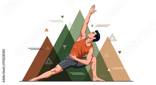 Illustration of a Man in a Yoga Pose with Geometric Mountain Background