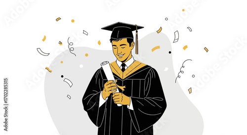 Happy Graduate Celebrating With Mortarboard Confetti And Degree Scroll Illustration