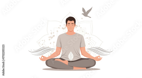 Illustration of a man meditating in lotus position with a bird, representing inner peace