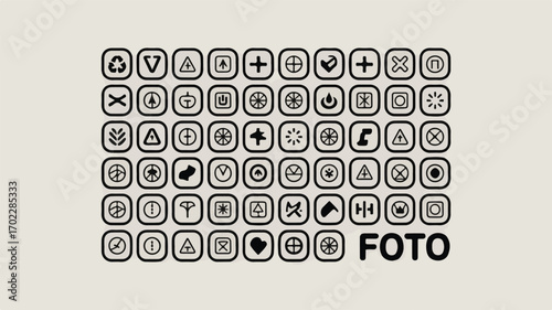 Collection of black and white icons and word symbols graphic design
