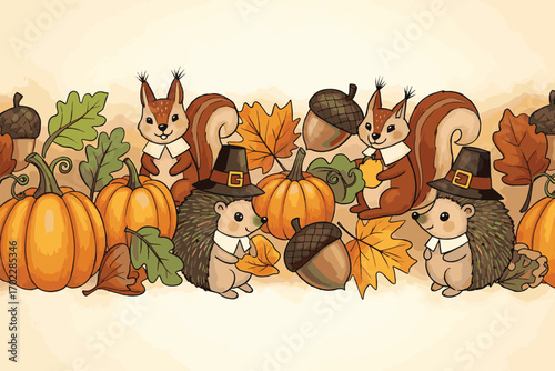 A charming thanksgiving border featuring squirrels, hedgehogs, pumpkins, and autumn leaves, creating a festive and whimsical seasonal design for various applications vector illustration