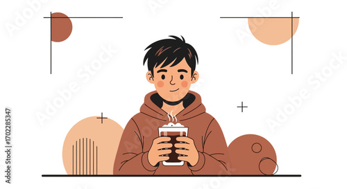 Happy Individual Holding Beverage Smiling, Warm Drink Illustration, Enjoying Cozy Moments