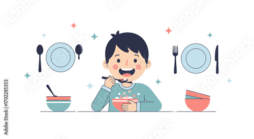 Happy Kid Eating Breakfast Cereal Illustration With Cutlery And Tableware.