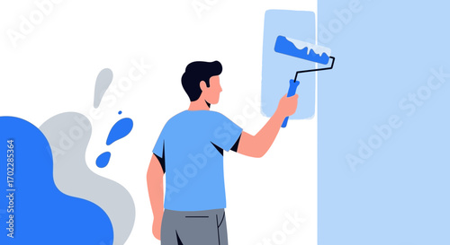 Illustration of a man painting a wall with a roller in a minimalist style