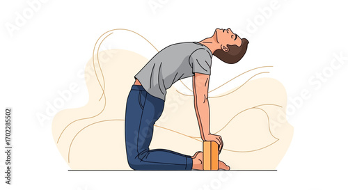 Illustration of a man practicing yoga, stretching his back in a camel pose for wellness