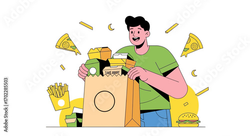 Happy man holding a bag of takeaway food with pizza and french fries