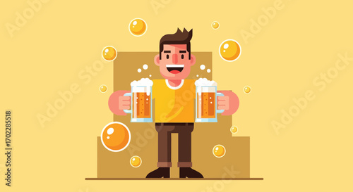 Happy man holding two beers with bubbles and a background illustration graphic