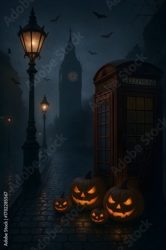 9:16, Foggy London Halloween Night with Pumpkins, Victorian Lamps and Distant Big Ben Silhouette	
