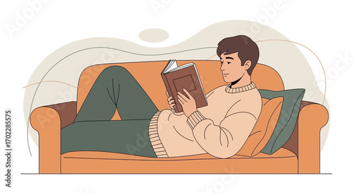 Illustration of a man relaxing on a couch reading a book leisure and comfort