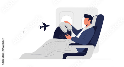 Illustration of a man relaxing on an airplane seat during a flight, traveling