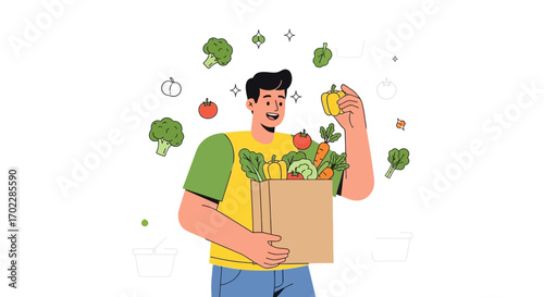 Happy Person Holding Fresh Groceries, Promoting a Healthy Lifestyle and Nutritional Choices